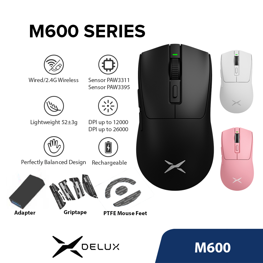 Delux Série M600 Rato De Jogos Recarregáveis Com E Sem Fio DPI MAX 26000 PAW3395 PAW3311 52g Design Superleve Centralizado Em Massa Para PC/Laptop/Windows em Oferta na Shopee