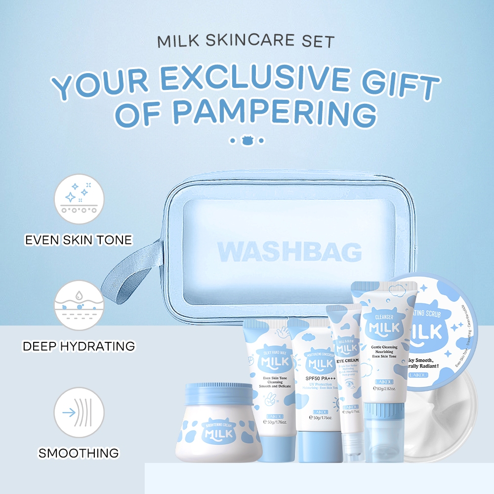 LAIKOU 6PCS Conjunto De Cuidados Com A Pele Do Leite Saco De Lavagem De Limpeza Profunda SPF50 PA + Protetor Solar