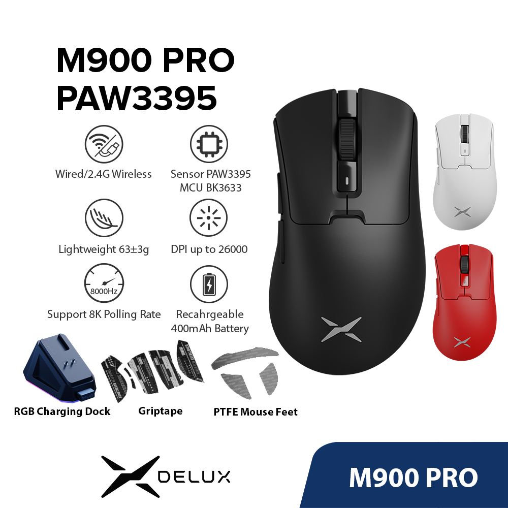 Delux M900 PRO PAW3395 Mouse Para Jogos DPI MAX 26000 Com Fio 2.4G Sem Recarregável Dock De Carregamento Magnético RGB 63g Design Ergonômico Assimétrico PC/Laptop/Windows - Computers & Accessories