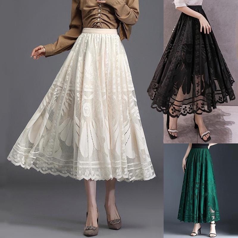 Saia Midi Tule bordada Embroidery Renda De Babado Plissada Longas Saia Floral Estampada Boho Saia Tule Bege Preto Verde