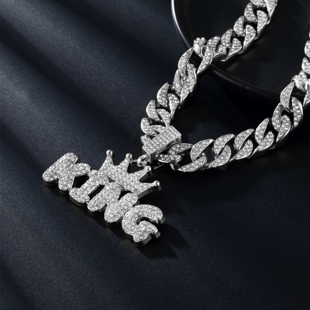 Novo Corrente Cravejada Colar De Hip Hop Colar Masculino Carta KING Pingente De Diamante Completo Masculino Corrente
