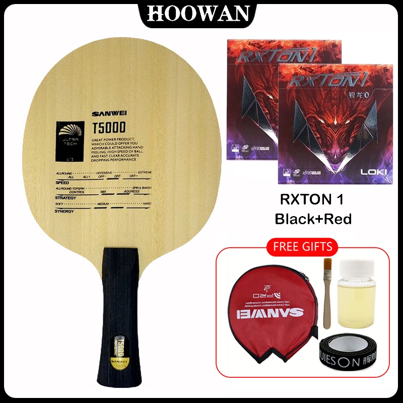 Lâmina De Raquete De Tênis De Mesa De Carbono SANWEI T5000 Original (5 + 2) + Borracha RXTON 1 (Preto + Vermelho) Pingue