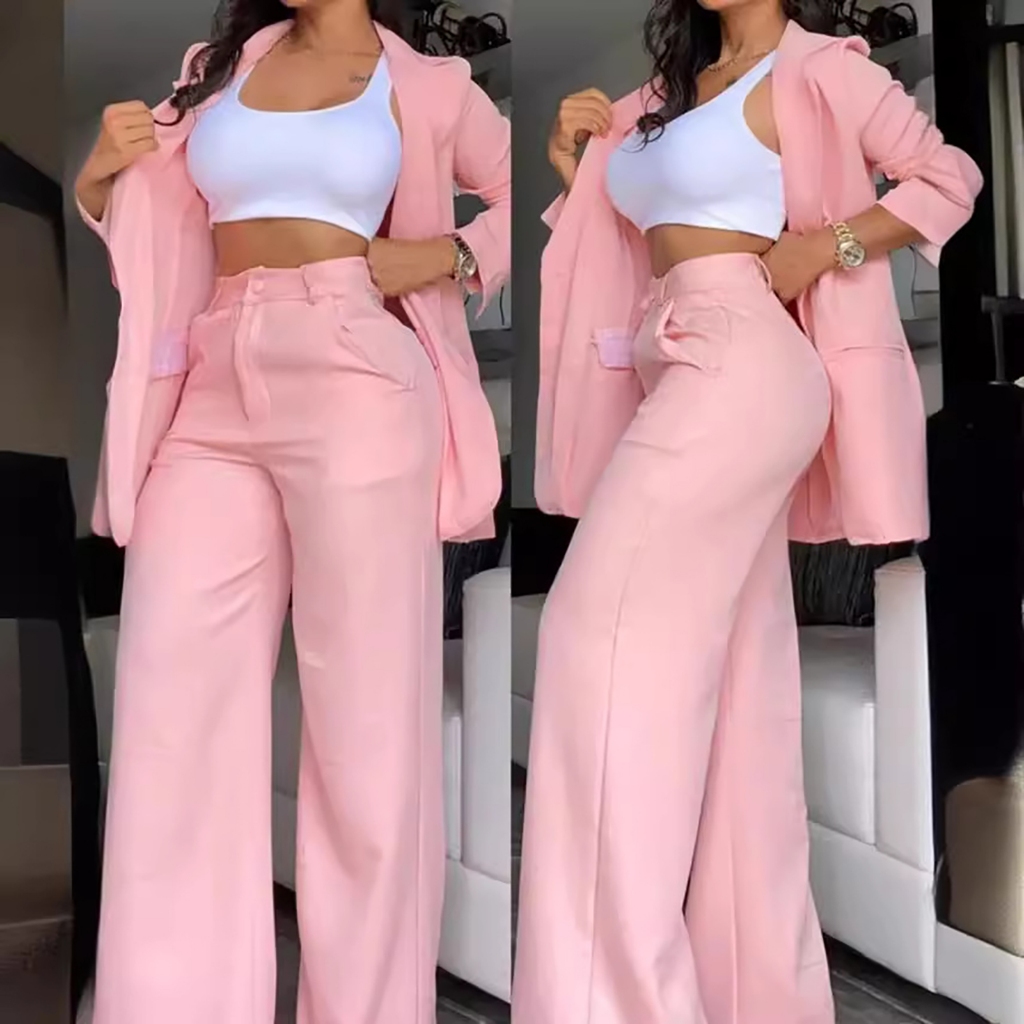 Conjunto De Fatos De Trabalho De 2 Peças Para Mulheres Cintura Alta Cor Sólida Escritório ...