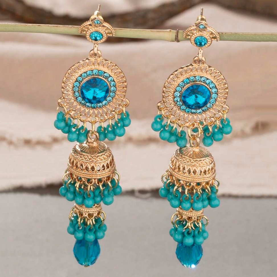 Brincos Bohemia Blue Crystal Beads Femininos Vintage Long Gold Alloy Round Bell Tassel Drop Jhumka Jóias De Casamento em Oferta na Shopee