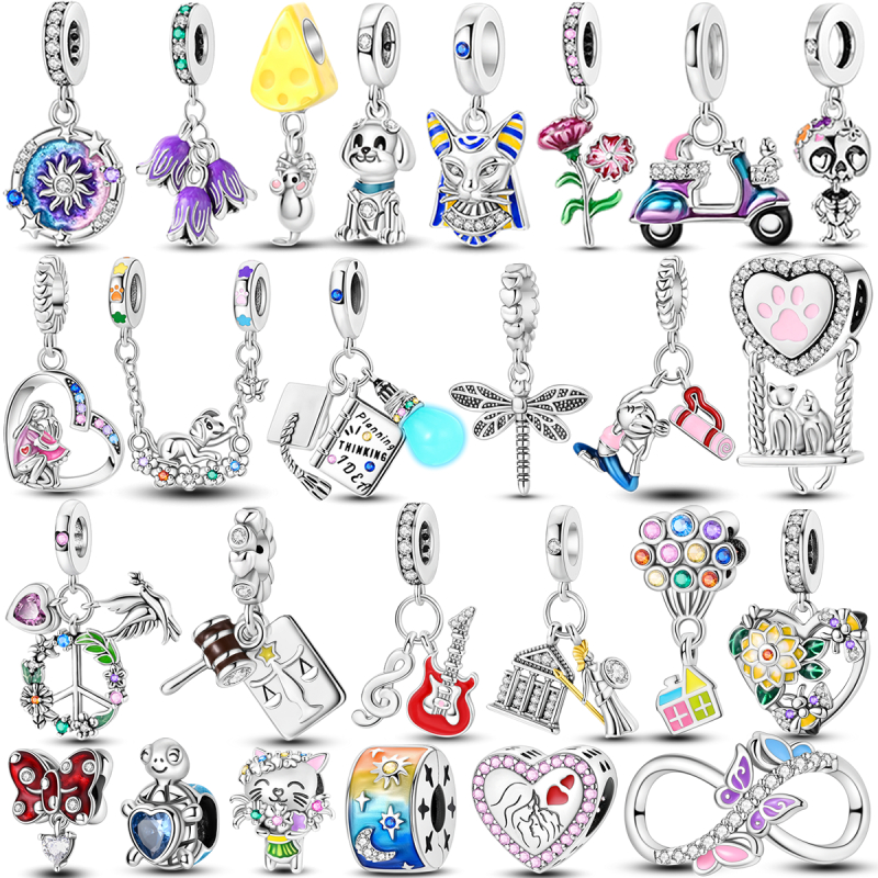 925 Prata Esterlina Lovely Cat Moon Eternal Love Heart Colorful Lifestyle Dangle Charms Bead Fit Pulseiras Originais DIY Jewelry