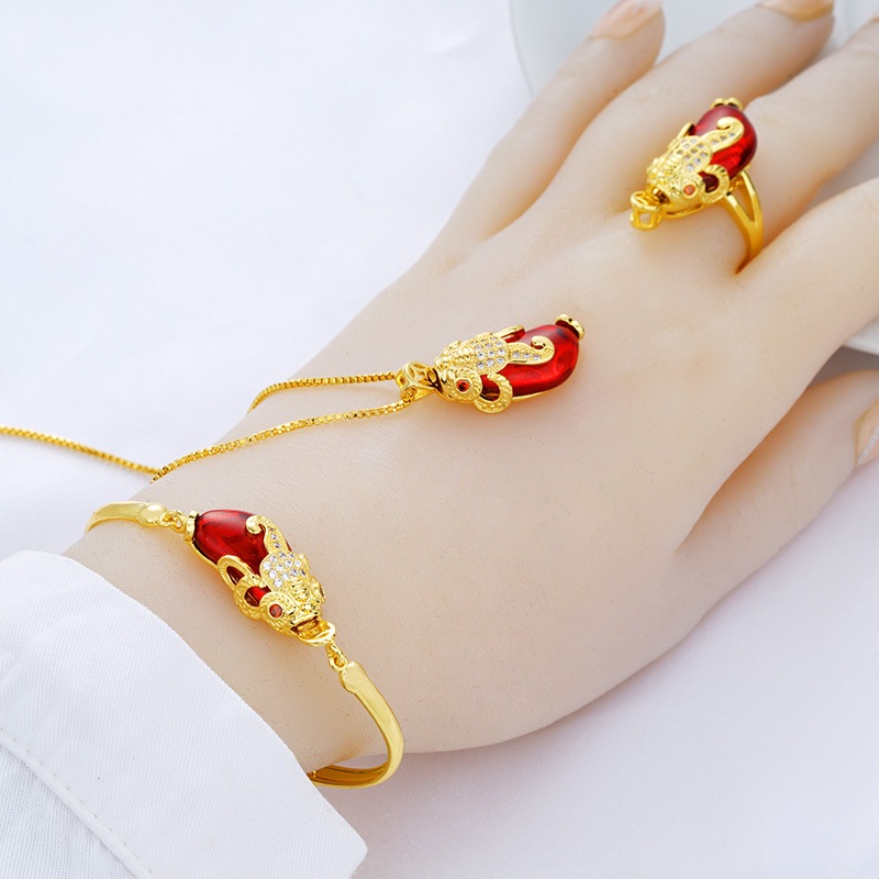 Banhado a ouro imitação de ouro 3d pixiu moda pulseira liga cobre rubi anel de luxo 24k areia ouro pixiu colar