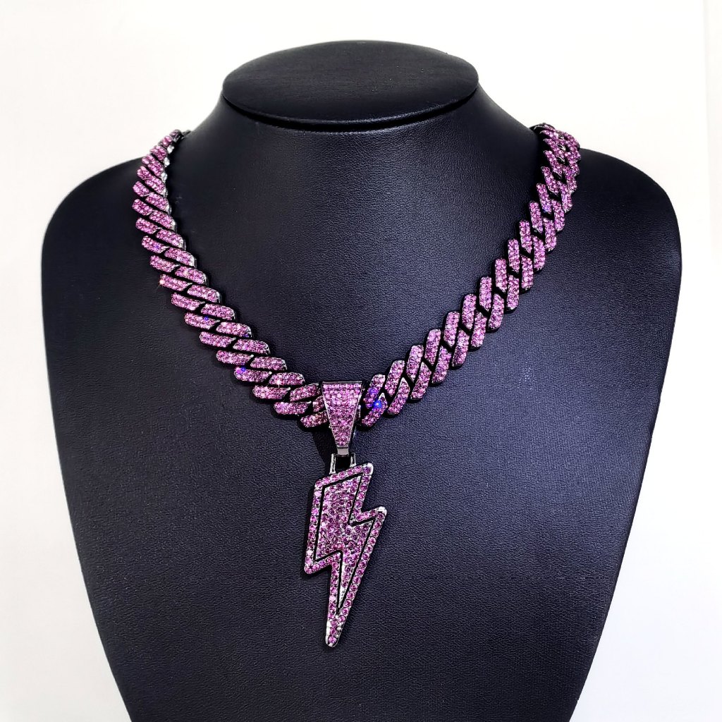 Novo Corrente Cravejada Colar De JóIas Masculinas Hip Hop Purple Lightning Diamante Corrente Cubana Pingente Em Liga em Oferta na Shopee