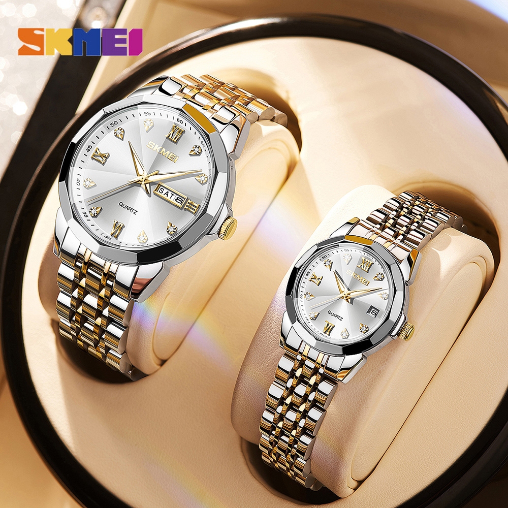 Relógio De Pulso SKMEI Para Homens À Prova D'água Esportes Comerciais Originais Em Aço Inoxidável Quartzo Calendário Luminoso Prata Azul Diamante Mulher 7070