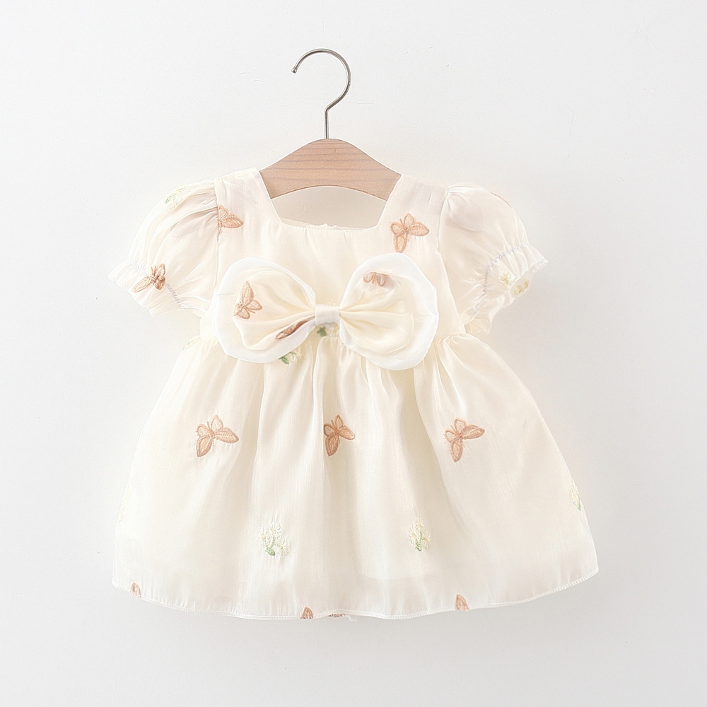 Vestido De Bebê Menina Pescoço Quadrado Mangas De Borboleta Bordadas Com Arco Princesa