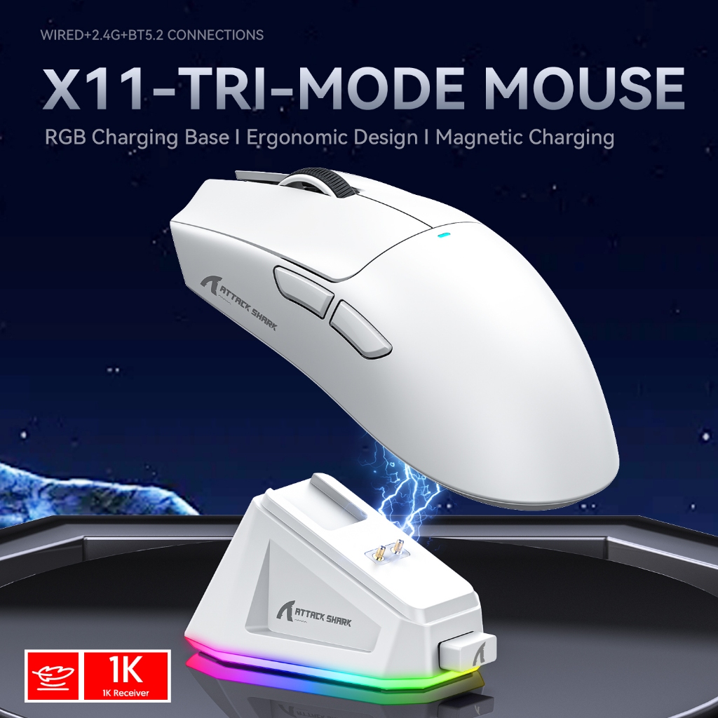 Novo Mouse Wireless Attack Shark X11 Bluetooth Três Modos 2.4G BT5.0 22000DPI Recarregável RGB para Jogos no PC