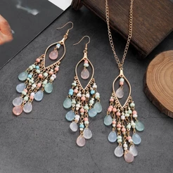 Brincos Em Forma De Tassel Longo De Cristal Multicolor Boêmio Colar Para Mulher Penduradores Geométricos De Casamento Com Banho De Ouro Retro Jóias Geométricas
