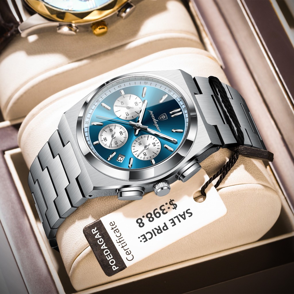POEDAGAR Relógio Masculino Homem De Luxo Em Aço Inoxidável Chronograph Original Luminoso De Data À Prova D'água Quartzo Relógio De Pulso Masculino