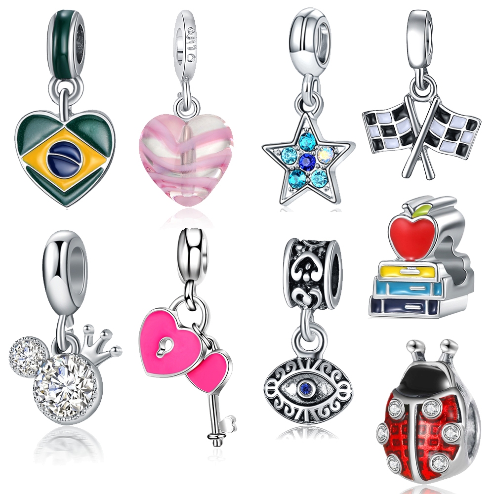 S925 Bijuteria Berloque Prata Dangle Charms Bandeira Pulseira Acessórios Para Menina Feminina