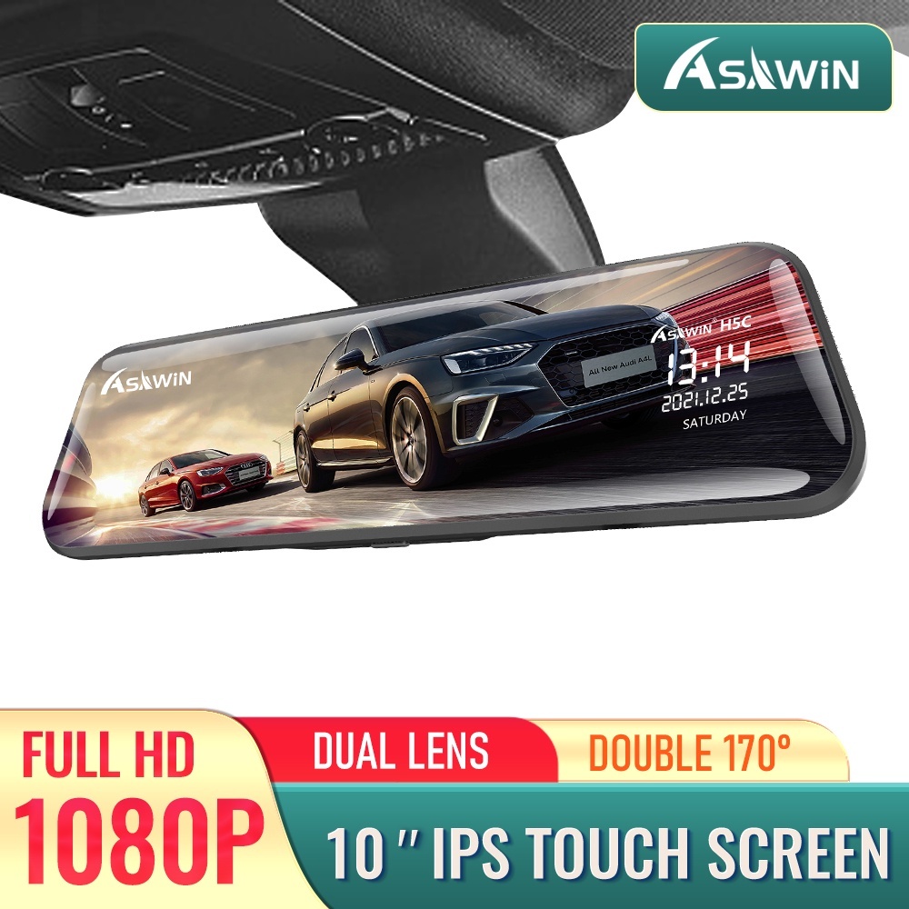 Asawin 24 Horas Visão Noturna Tela Inteira Dupla Lente Retrovisor Espelho Gravador De Câmera Dash HD 1080P Touch Inverter Vista Traseira 10 "