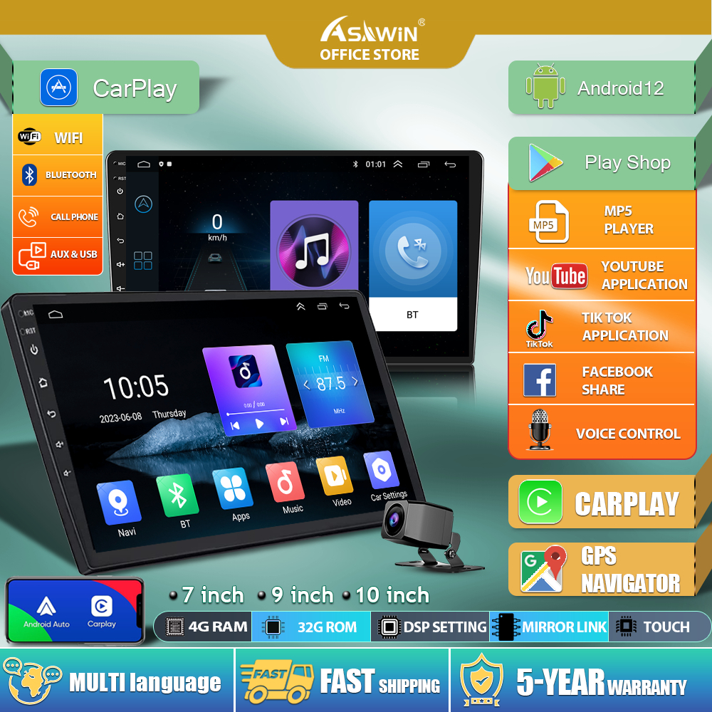 【 Carplay + 4GB + 32GB 】 Asawin Leitor Android Para Navegação Automóvel 7 " 9 " 10 Polegadas Quad Core Car Multimídia MP5 Player Câmera Inversa HD Grátis