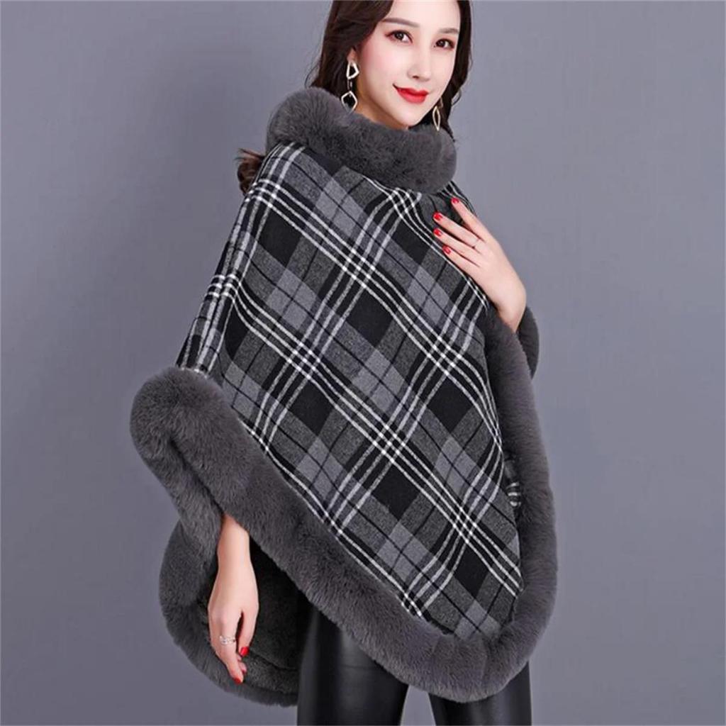 Capas Femininas Listradas Xadrez Poncho Inverno Pele Sintética Fora Rua Wear Malha Triângulo Camisola Oversize Pescoço P