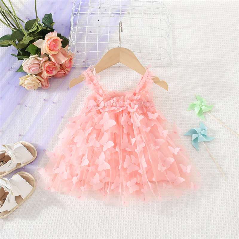 Summer New Pink Butterfly Baby Girl Princess Dress , Style Wedding Party Roupas Sem Mangas Para Crianças (3 Meses-3 Anos De Idade)