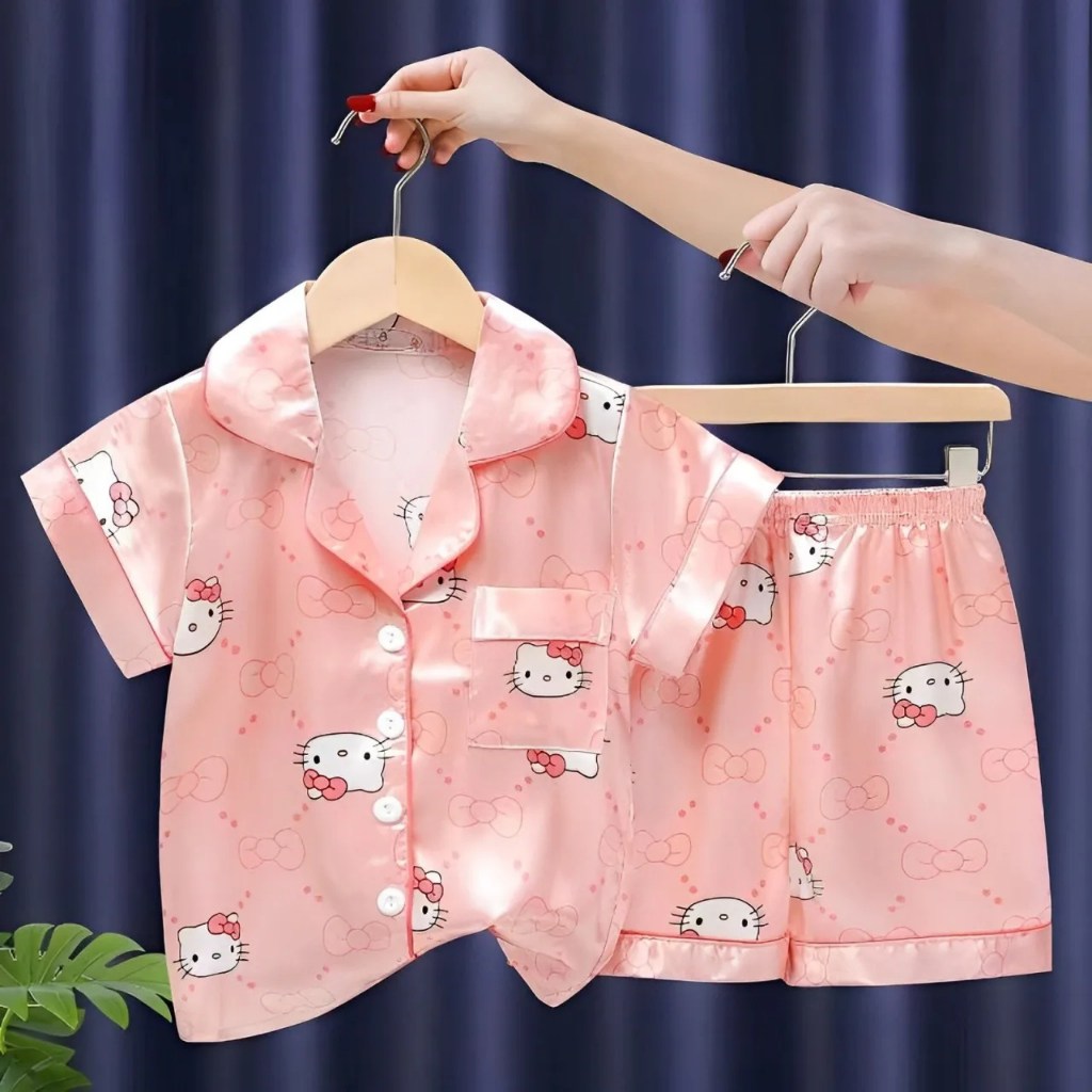 Conjunto Pijama De Seda Para Crianças Sanrio Hello Kitty Meninas Colarinho De Gola Curta Top + Shorts Kids Nightwear em Oferta na Shopee