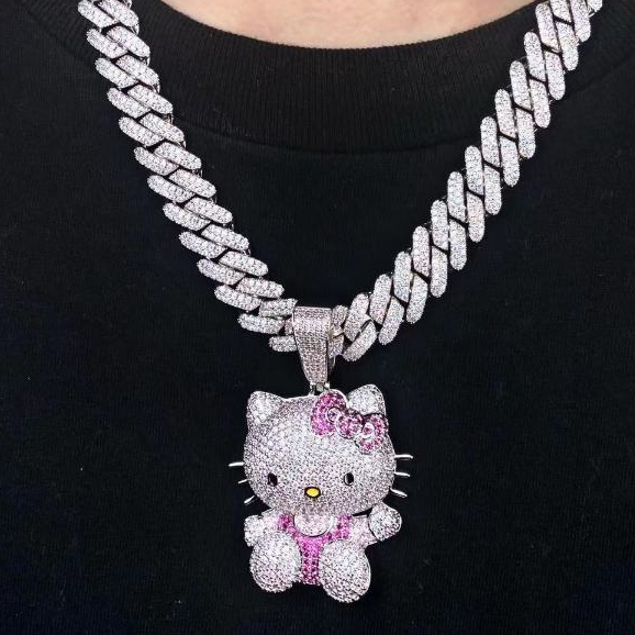 Hip Hop Corrente Cravejada Ice Creative Cute Cat Pendant Conjunto De Corrente Cubano Colar De Moda Exagerado De Acessórios Para Homens E Mulheres