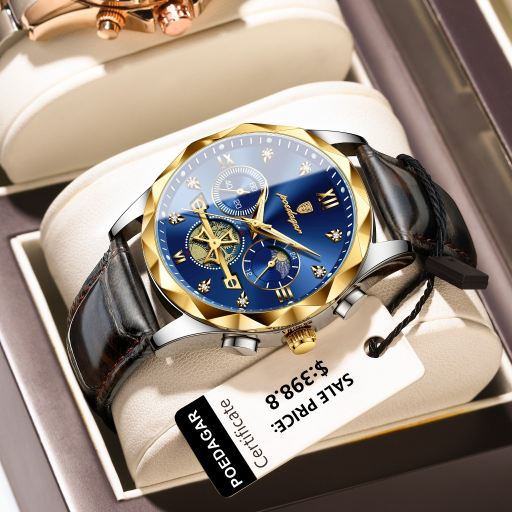 POEDAGAR Relógio Homem De Luxo Tourbillon Oco De Couro Cronógrafo Luminoso À Prova D'água Original De Quartzo Negócios + Box