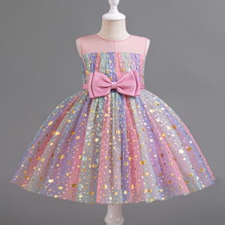 WFRV 3-8 Year Girl Summer Birthday Party Unicorn Princess Dress Star Sequin Large Bow Sleeveless Banquet Etiquette Dress em Oferta na Shopee