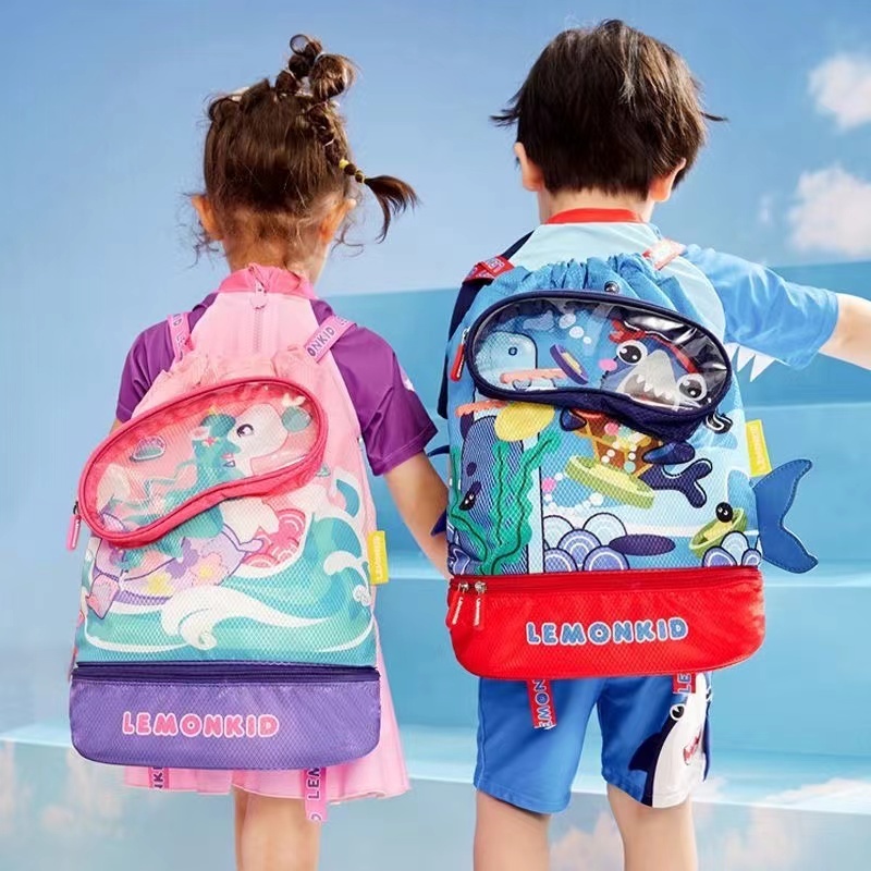 Saco de banho para crianças Separação a seco úmido Saco de armazenamento à prova d'água Meninas Mochila portátil Mochila de praia de desenho animado bonito