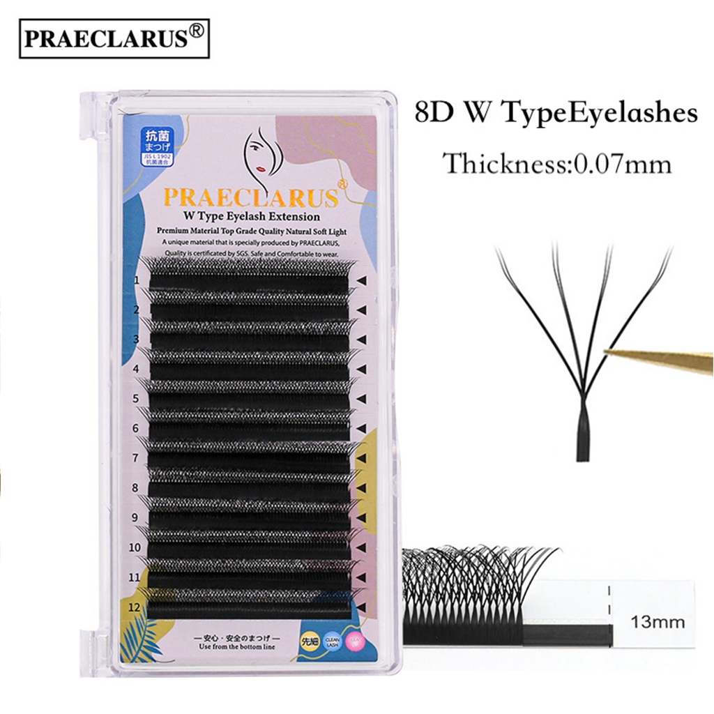 PRAECLARUS 8D W Espessura Da Extensão Das Pestanas 0.07mm Materiais Premium Fibra PBT Tecida À Mão Falsas De Mink Pele Dupla 4D WW