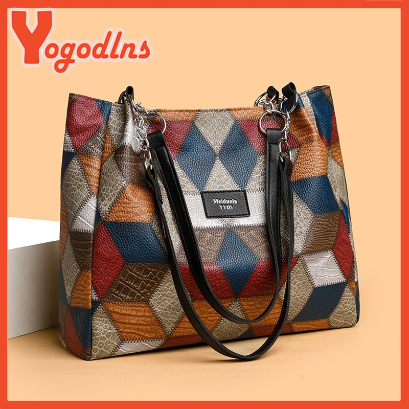 Yogodlns Moda Contraste Cor Grande Capacidade Bolsa Feminina Couro Do Plutônio De Ombro