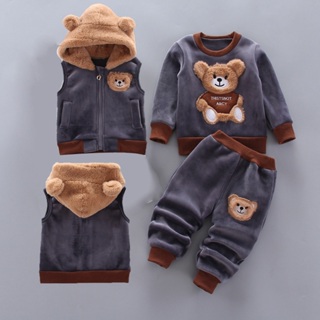 Conjunto De Roupas Para Bebês Meninos E Meninas Crianças Tricken Fleece Warm Hooded Outerwear Calças 3Pcs em Oferta na Shopee