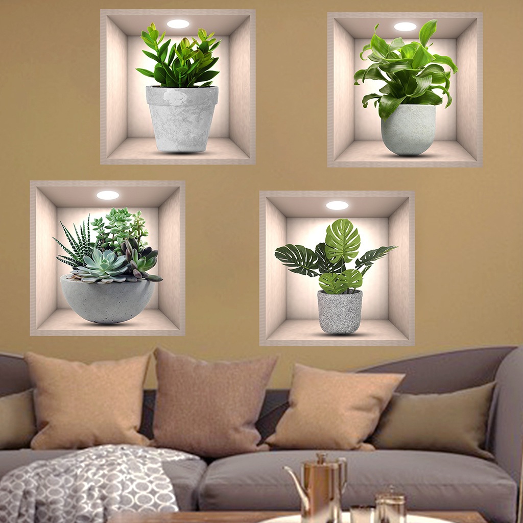 Ilustração De Plantas Em Vasos De Bricolage Adesivos Decorativos De Parede Autoadesivos PVC Para Sala De Estar , botol air Flowers Decoração Do Sofá Da Casa Papel Dindindin