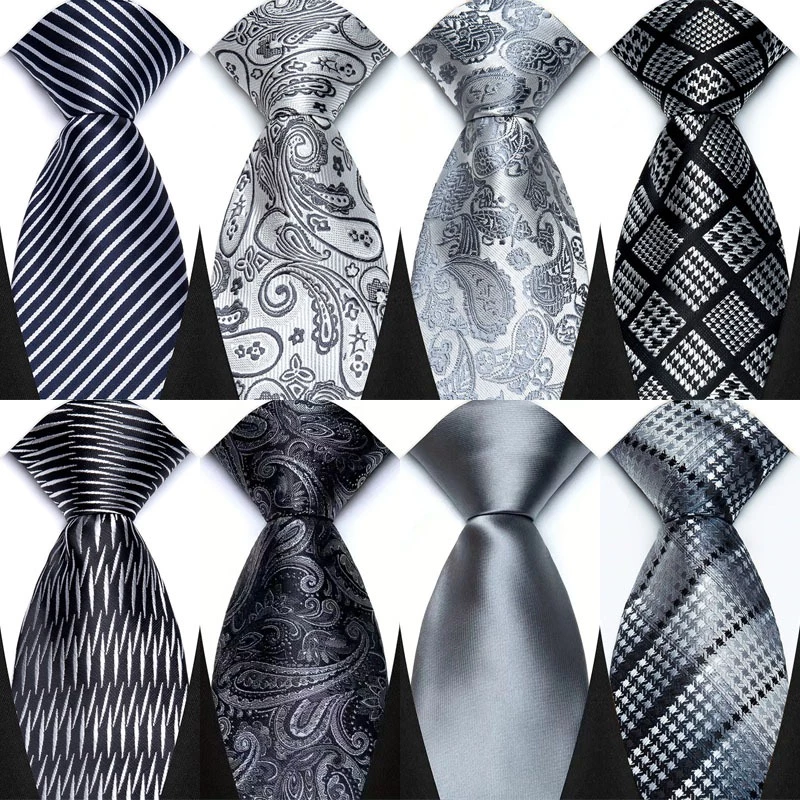 Nova Gravata Masculina 8CM Gravatas Para Homem Clássico Jacquard Tecido Listras Ponto Paisley Prata Cinza Cor Vestido Fo