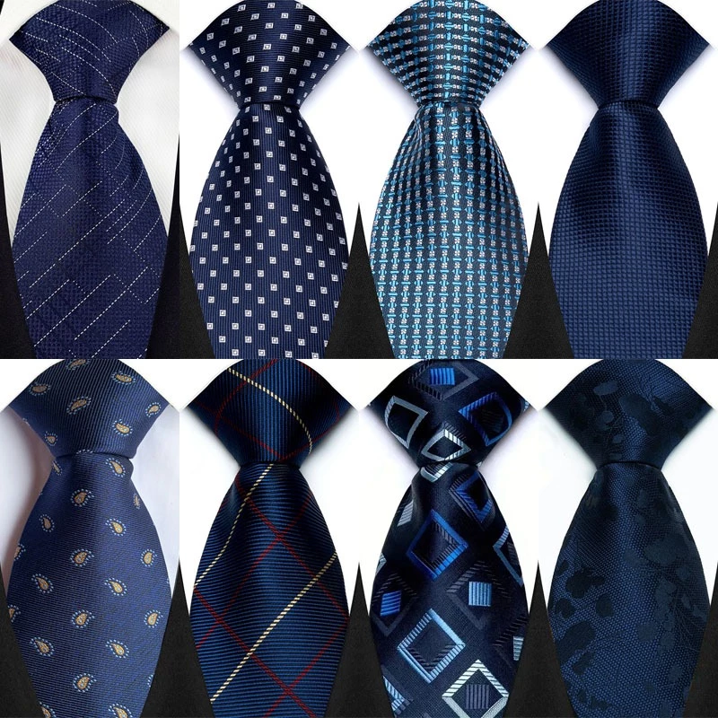 Nova Gravata Masculina 8CM Gravatas Para Homem Clássico Jacquard Tecido Xadrez Ponto Sólido Azul Marinho Cor Vestido For