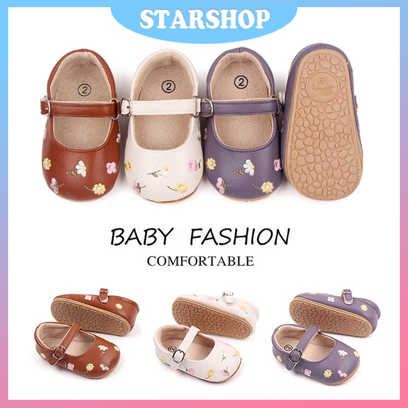 Starshop-Baby Girls Mary Jane Flats PU Sapatos De Vestido De Couro Para Bebês Bordado Floral Princesa