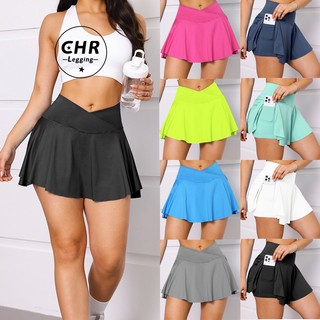 CHR 8Cor Femininos Short Saia Esportivos De Dupla Camada Para Academia Crossover Bolsos Saia Fitness Tapa Bumbum em Oferta na Shopee