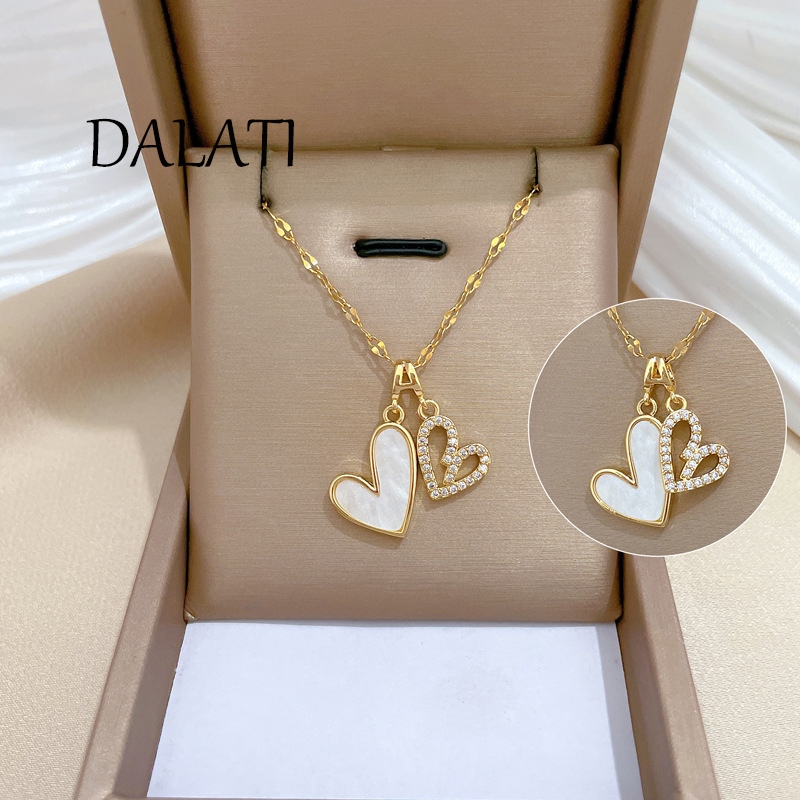 Colar Dalati Titanium Steel Necklace Dupla Camada de Aço Dalati Love Heart Hollow Light Luxo Lindo Colar de Diamante Completo Cadeia de Clavícula Feminina All-Match