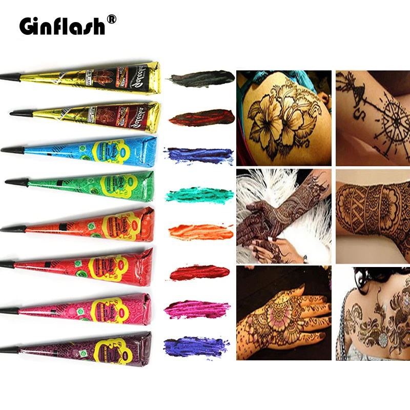 Ginflash bodyTattoo Paste Preto Marrom Vermelho Branco Henna Cones Tatuagem Temporária Autocolante Arte Corporal Mehndi Tinta Bálsamo Labial Temporário Cfa038