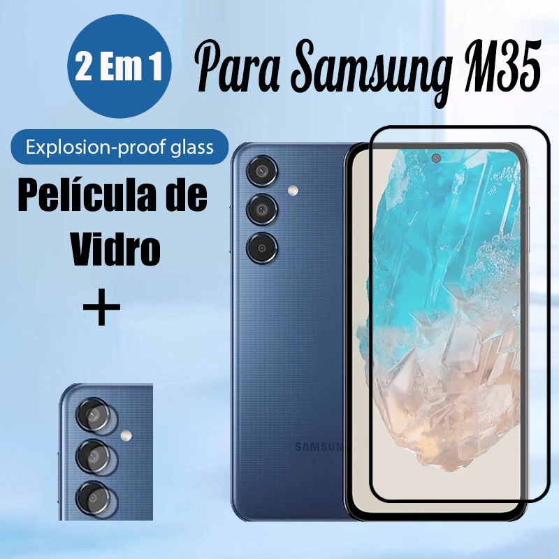 Película Protetoras de Vidro Samsung M35 5G 2 Em 1 Protetor De Tela De Vidro Temperado Para Samsung Galaxy M55 M15 M34 54 14 5G Filme De Proteção 9D E Lente De Câmera