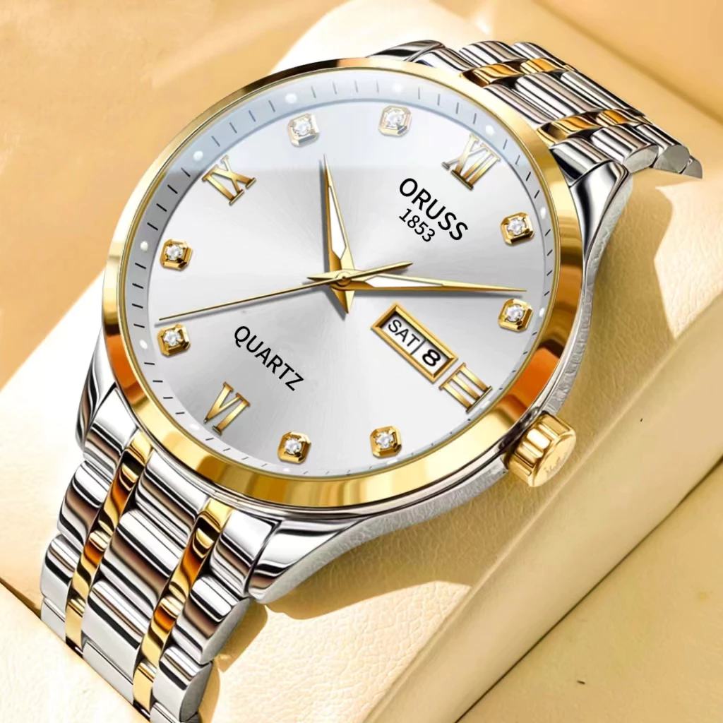 ORUSS Original Macho / Fêmea Calendário Duplo Aço Inoxidável Calendário Duplo à prova d'água Relógio Luminoso de Luxo