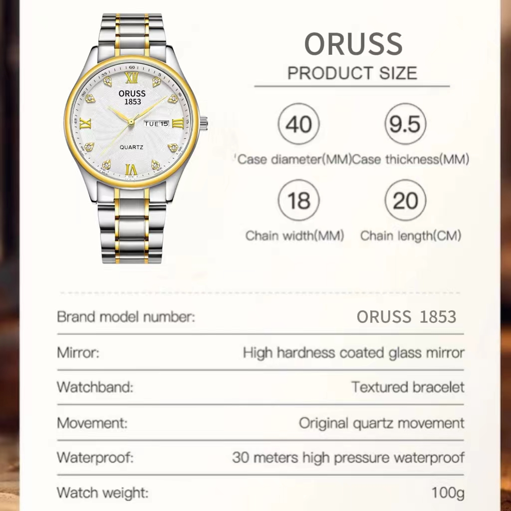 ORUSS Original Macho / Fêmea Calendário Duplo Aço Inoxidável Calendário Duplo à prova d'água Relógio Luminoso de Luxo · foto 2