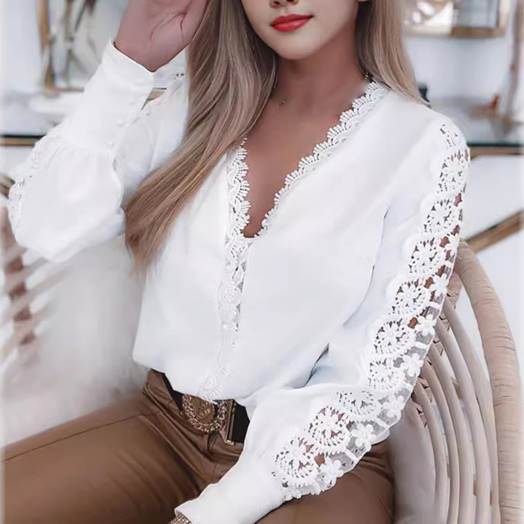 Elegante Blusa De Manga Comprida De Borboleta Feminina Com Estampa E Blusas De Renda Branca Vestuário Social