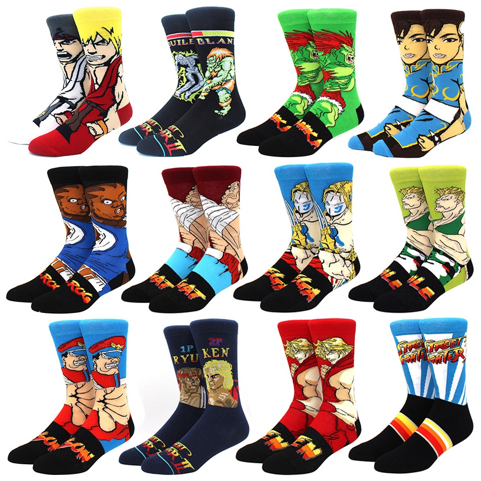 Anime Game Street Big Fighter Socks Chun Li Masters Cartoon Personagem De Desenho Animado Impressão Meias De Manga Média Unisexo Casual Cotton