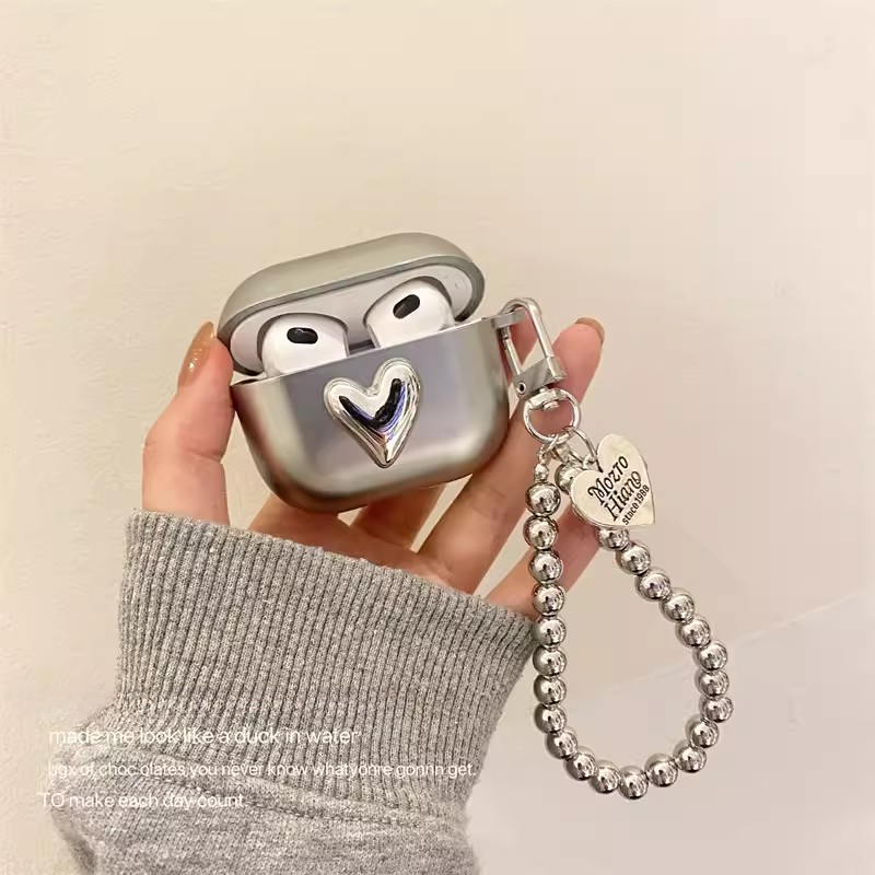 Luxo Chapeamento Prata Casos Com Coração Pingente Pulseira Corrente Para Airpods 3 Pro 4 Caixa De Fone De Ouvido Saco À 