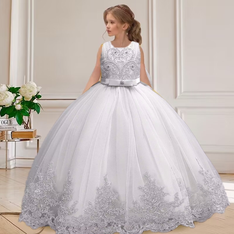 Vestido de Luxo Bordado Big Bow Girl Vestido Fofo Festa de Aniversário Baby Girl Vestido Princesa 4-12 Anos de Idade Ocasião Formal Vestido Longo