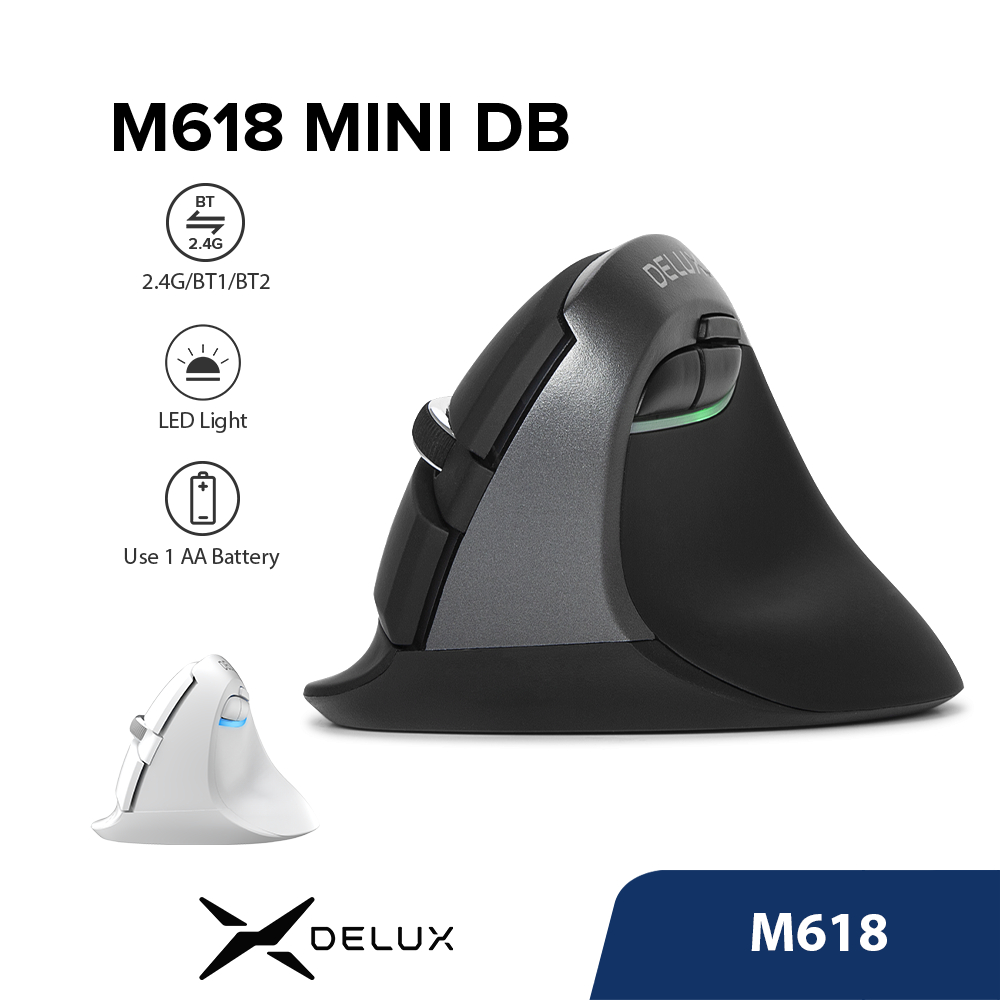 Delux M618Mini DB No RGB Silent Dual Wireless 2.4GHz Bluetooth Ergonômico Vertical Para Jogos Grip Mouse Office PC Computador