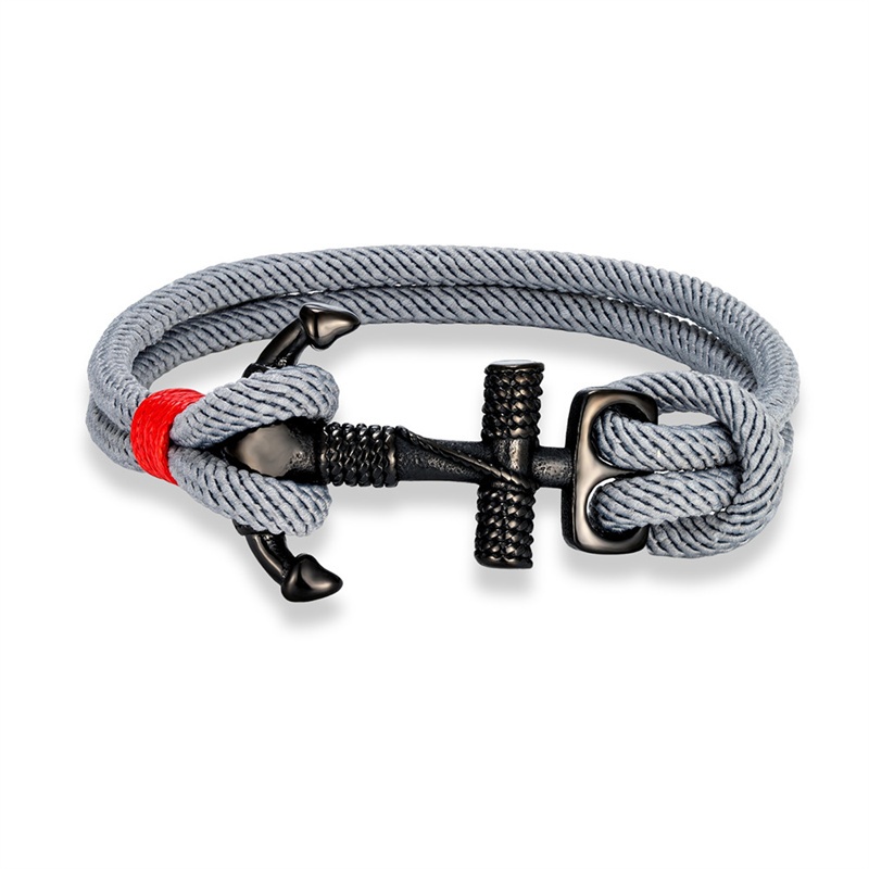 MKENDN Fashion Black Anchor Man Bracelets Homens Mulheres Bracelete De Corda Náutica De Sobrevivência De Fio Duplo Preto De Aço Inoxidável Feito À Mão