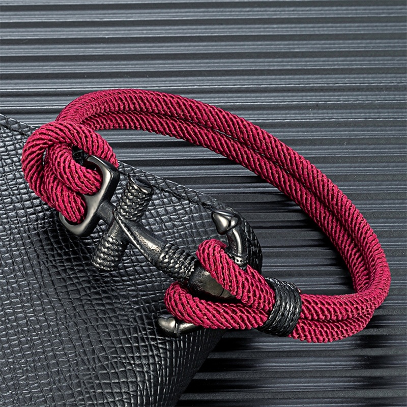 MKENDN Fashion Black Anchor Man Bracelets Homens Mulheres Bracelete De Corda Náutica De Sobrevivência De Fio Duplo Preto De Aço Inoxidável Feito À Mão — imagem 2 de 2