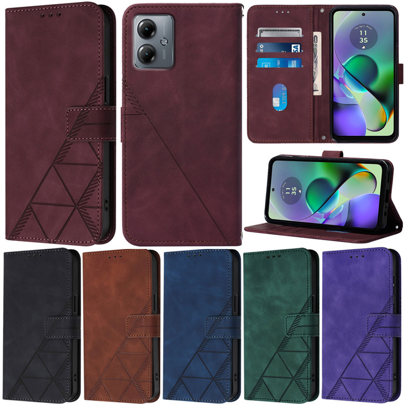 Carcaça De Luxo Para Motorola Moto G34 G04 G24 G54 G14 G84 E13 G53 G73 G32 G62 G52 G82 Edge 50 Pro 40 Neo Matte Triângulo Carteira Cartão De Couro Macio Flip Stand Protetor De Capa