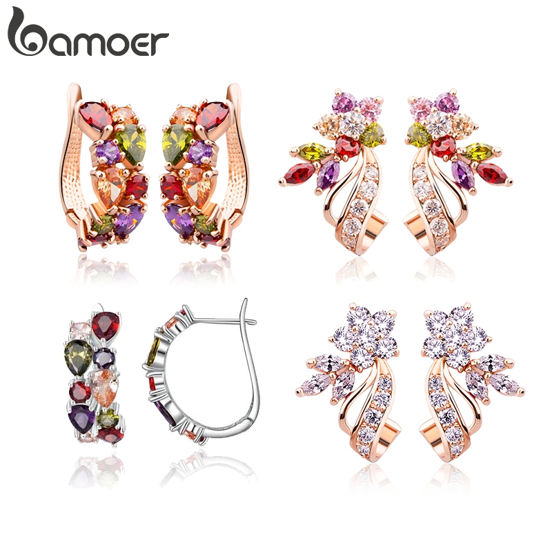 Bamoer JIE019 Brincos Flor Com Cristal Rosa Banhado A Ouro Da Moda Jóias Presentes Para Meninas E Mulheres