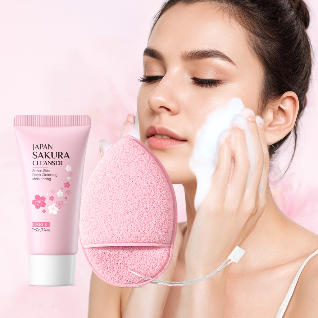 LAIKOU Japan Sakura Cleanser 50G Com Conjunto De Esponja De Limpeza Facial-Pele Macia E Delicada-Poros Profunda Mesmo