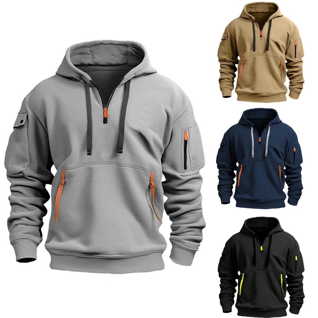 2024 Camiseta com capuz de algodão com capuz de algodão Homens Casual Fashion Zipper Multi-pocket Pullover